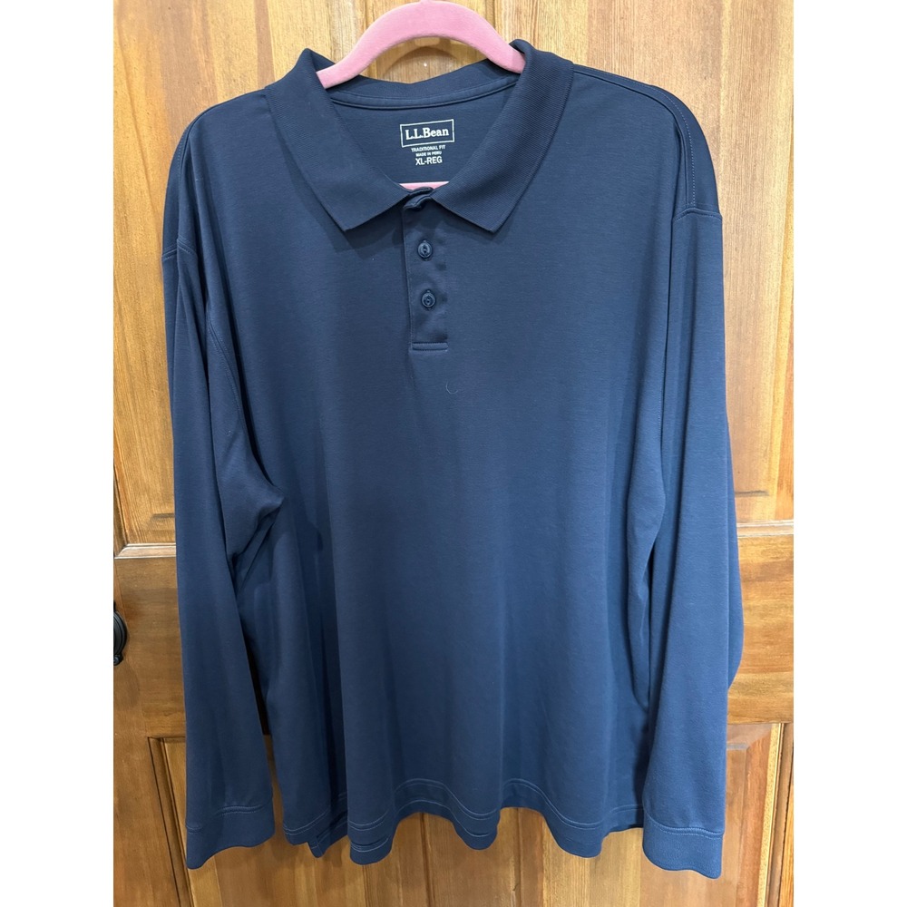 LL Bean Mens XL Long Sleeve Pima‎ Cotton Polo Shirt Navy Blue Traditional Fit